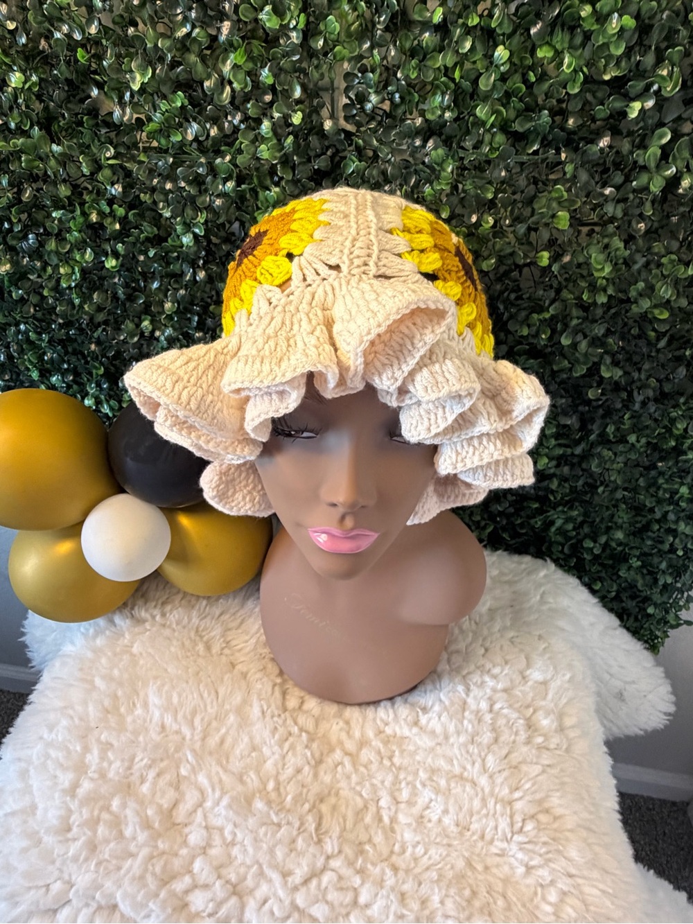 Cream Crochet Ruffle Bucket Hat with Yellow Sunflower Accent
